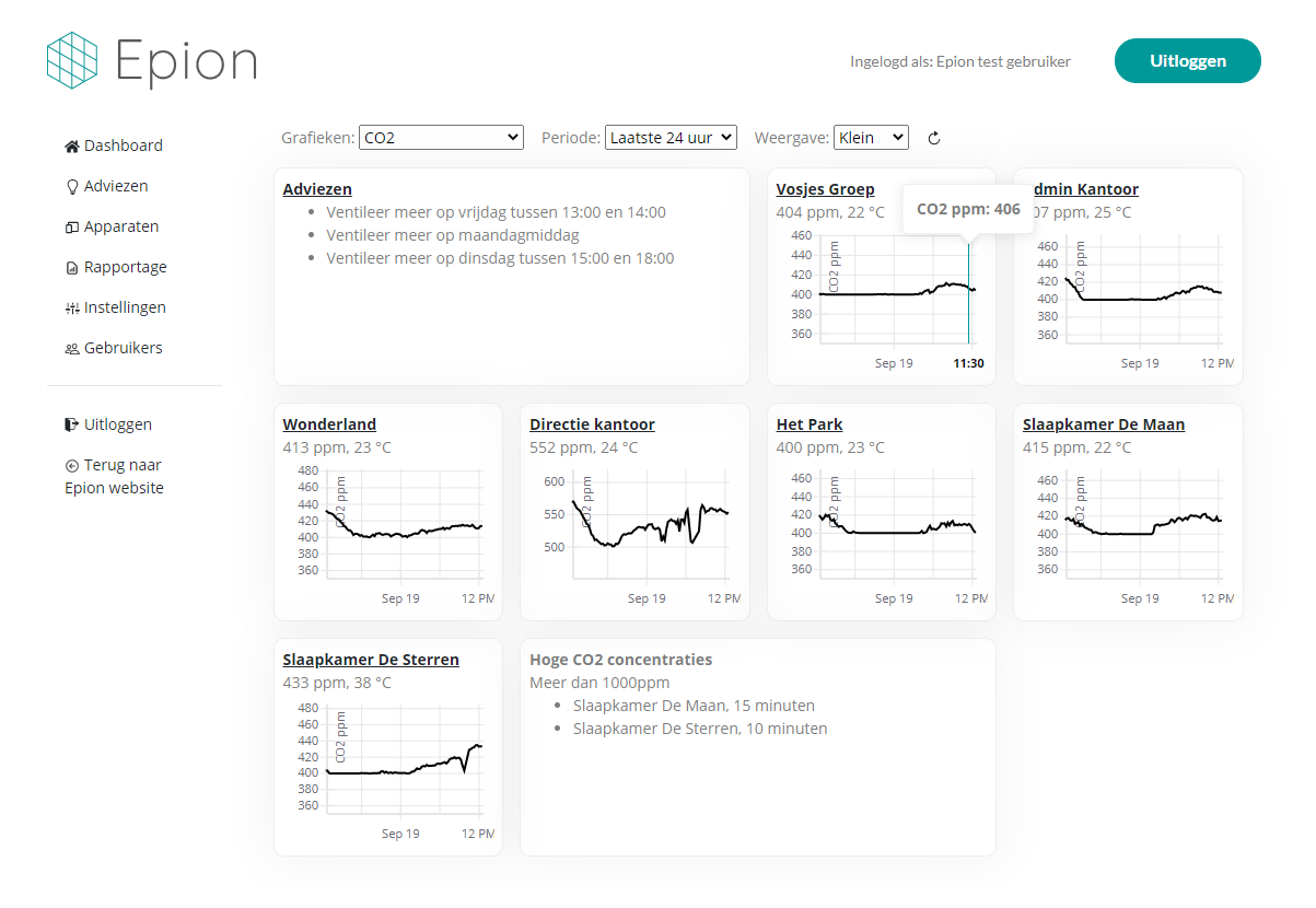 Epion CO2 binnenklimaat dashboard